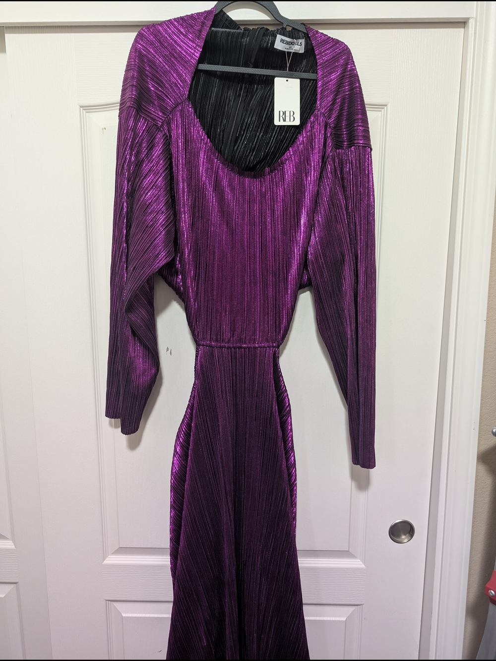 Rebdolls Metallic Plum Pleated Long-Sleeve Dress